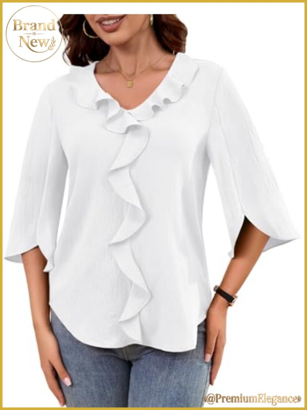 Ruffle V-Neck Blouse 3/4 Petal Sleeve Dressy Casual Top